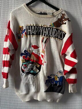 Vintage 1980s Bonnie Boerer white ugly Christmas crewneck sweater women's large